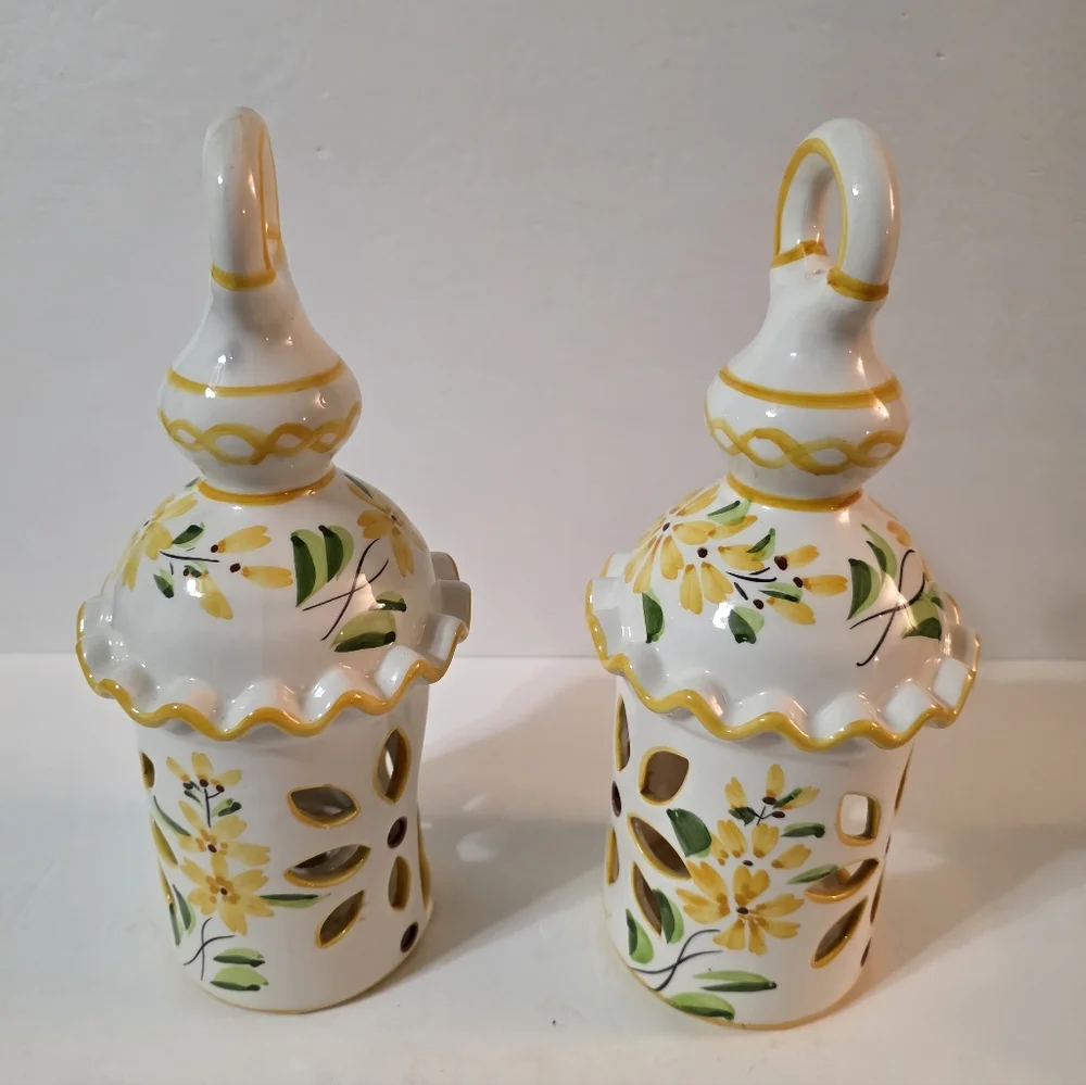 Vtg Art Pottery Candle Lanterns Flower Design